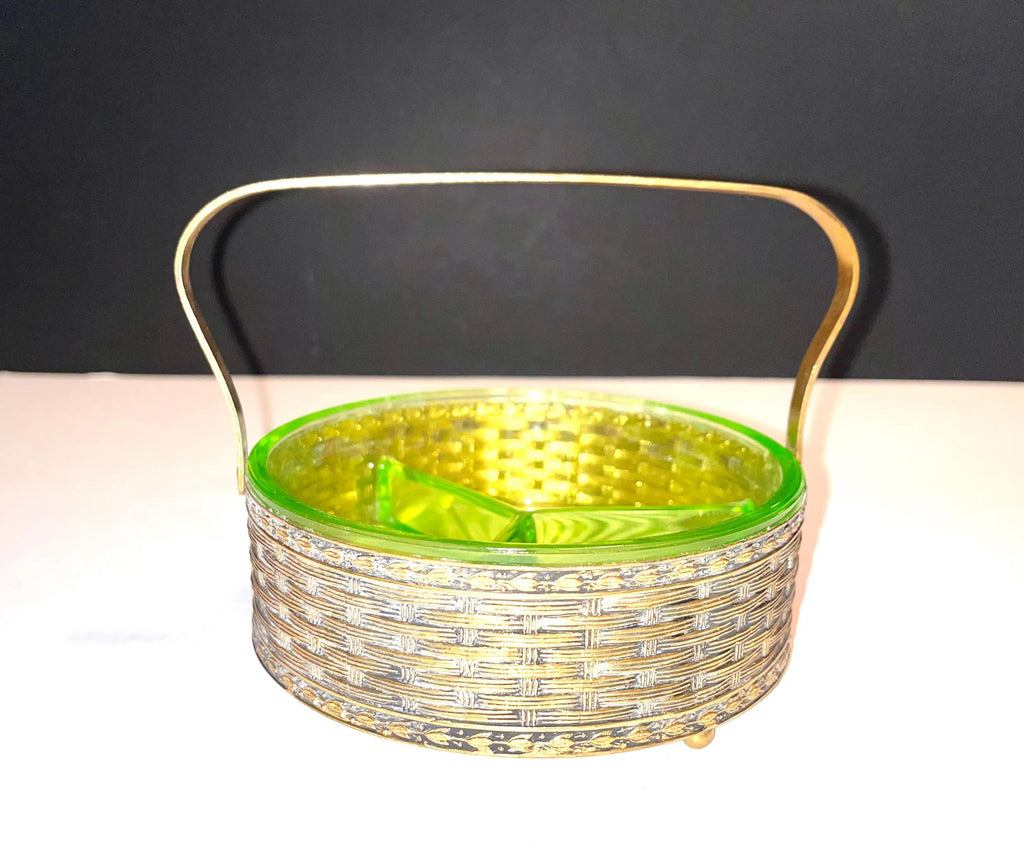 Uranium Glass Dish with Handled Caddy