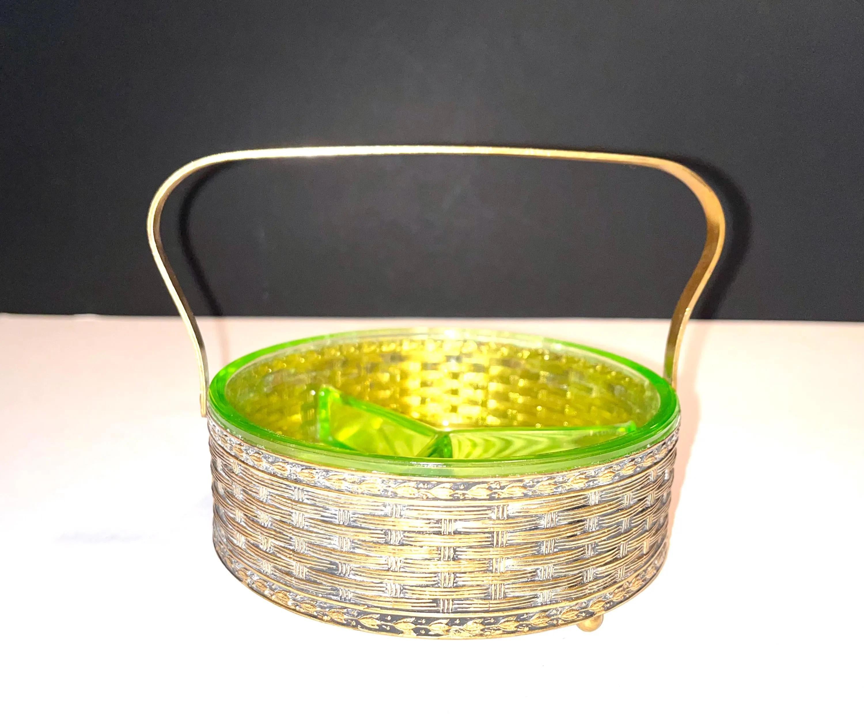 Uranium Glass Dish with Handled Caddy