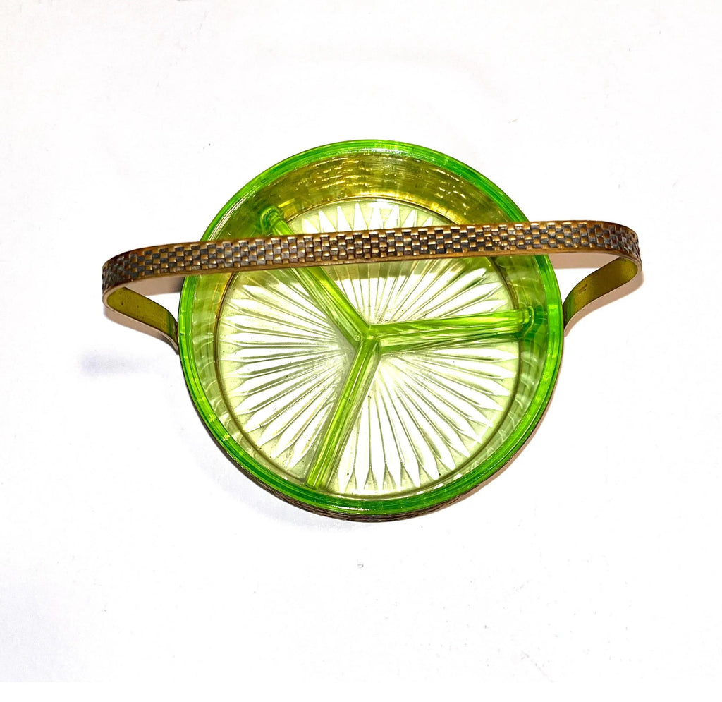 Uranium Glass Dish with Handled Caddy