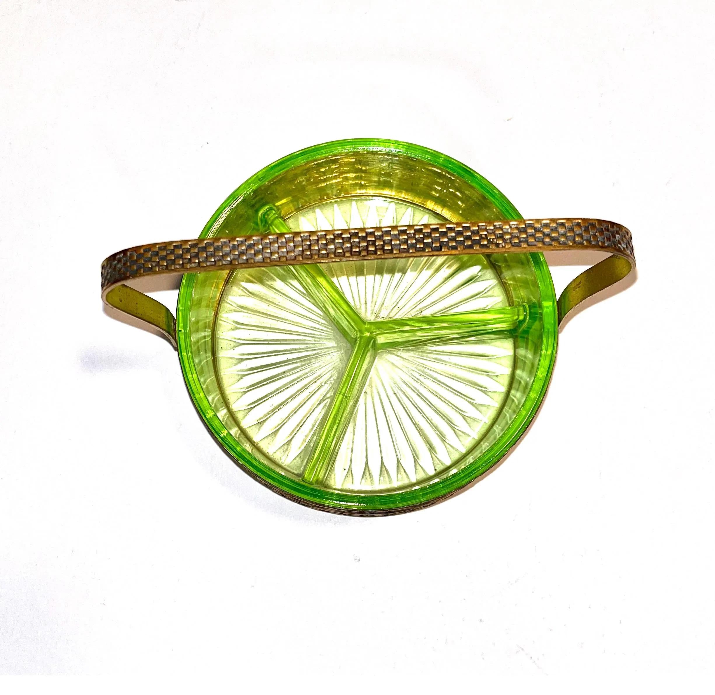 Uranium Glass Dish with Handled Caddy