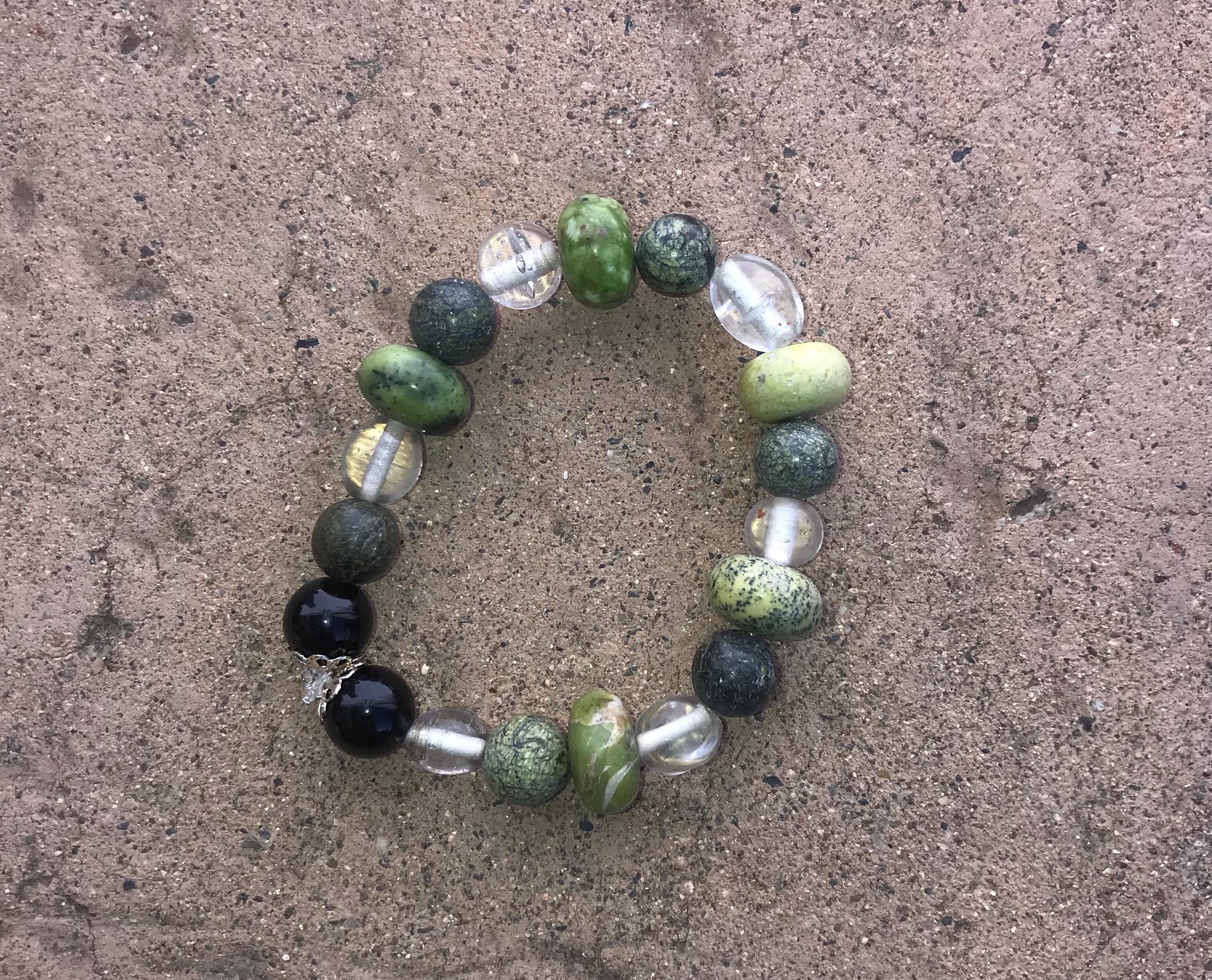 Earthy Green Kambaba Jasper & Black Onyx Beaded Bracelet