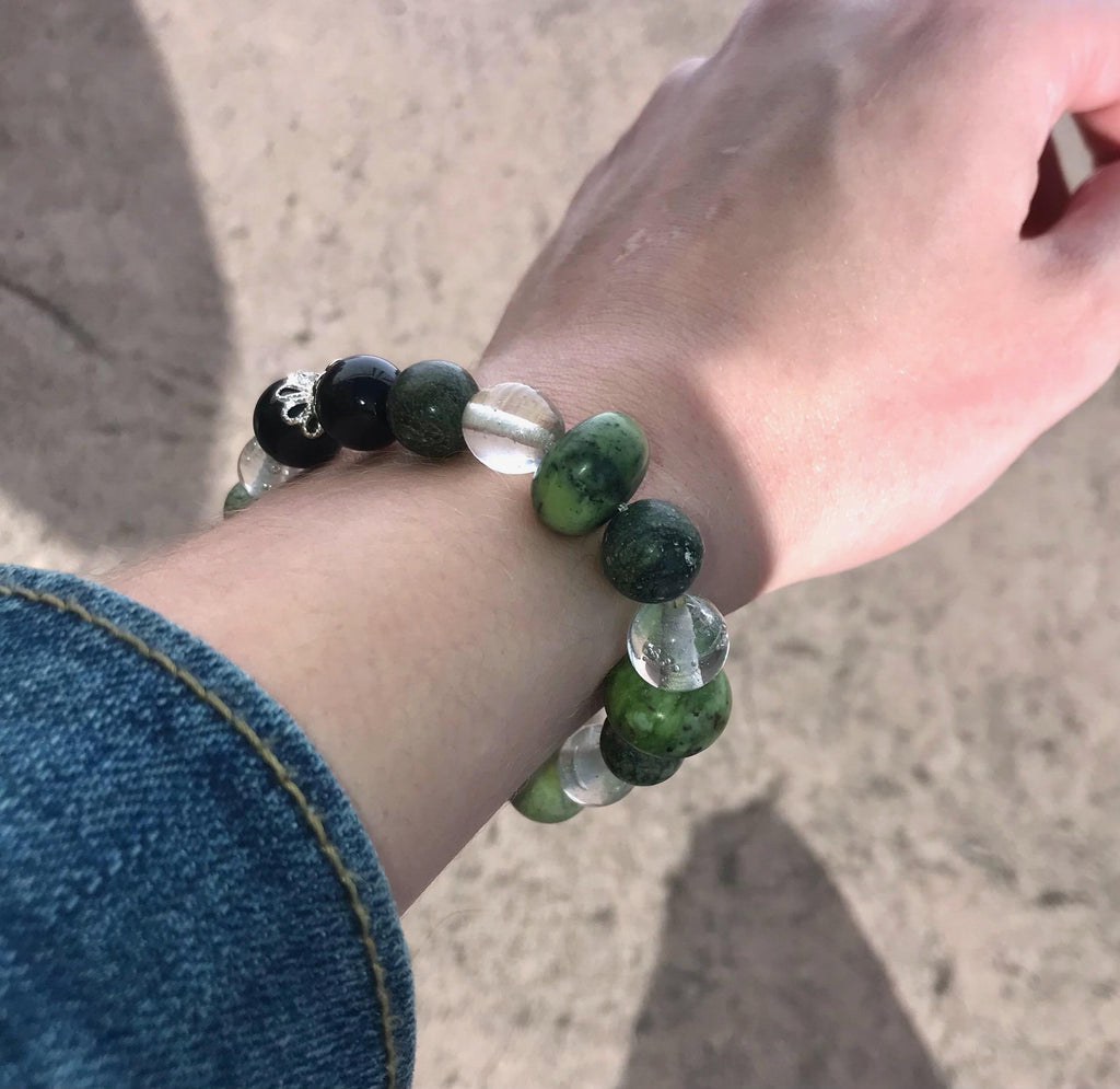 Earthy Green Kambaba Jasper & Black Onyx Beaded Bracelet