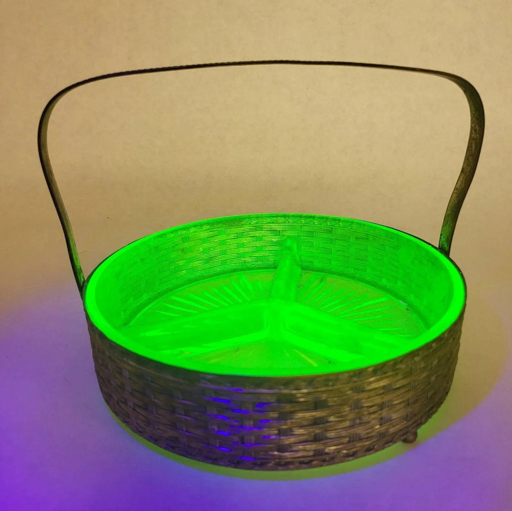 Uranium Glass Dish with Handled Caddy