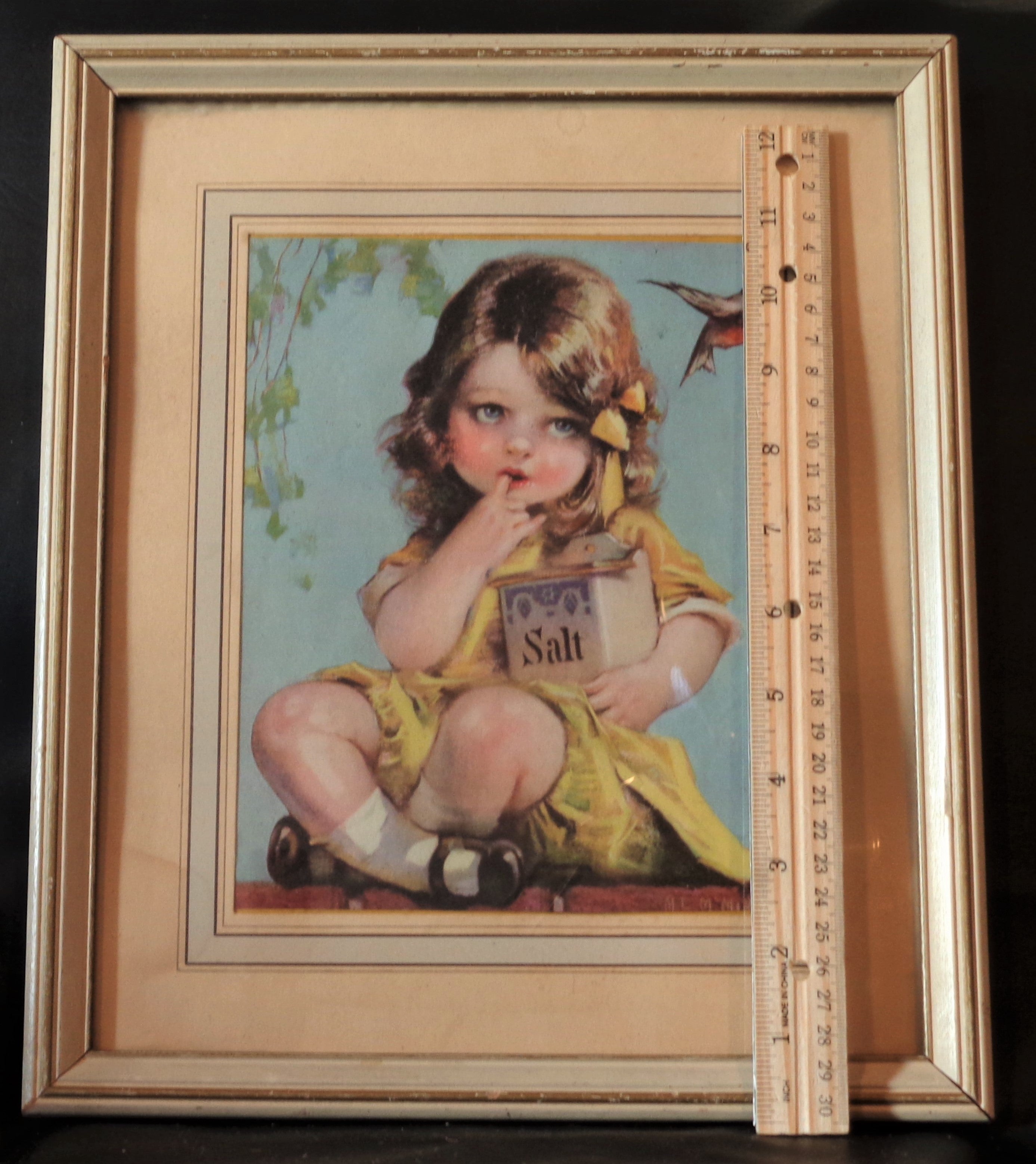 Antique 1900s "Little Girl With Salt Box" Framed Print | Victorian Child Illustration