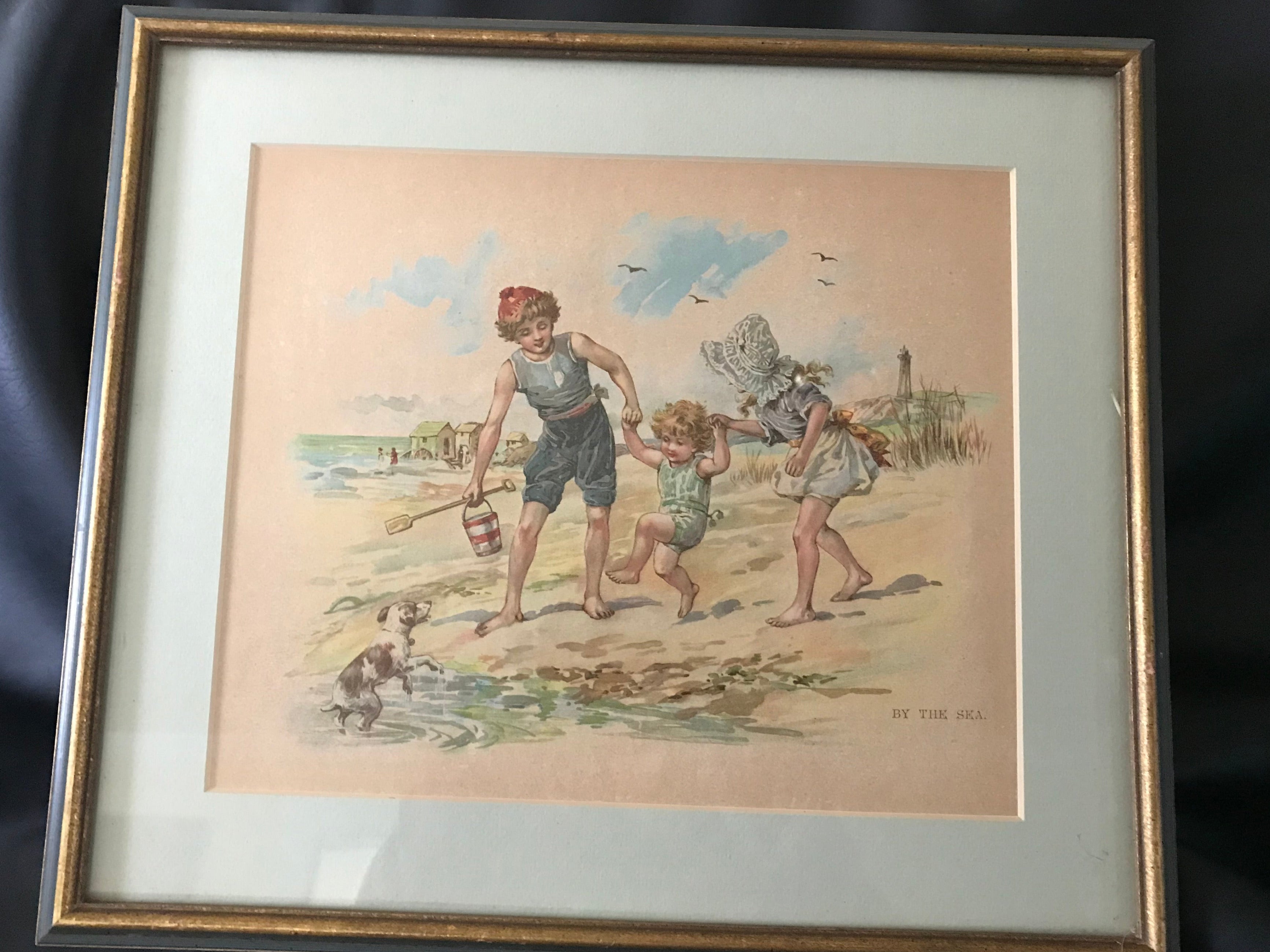 Victorian Lithograph Artwork: "By The Sea" - Children at Play
