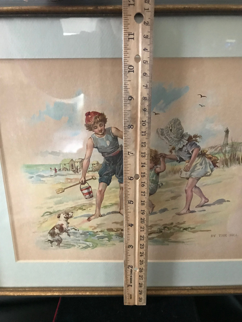 Victorian Lithograph Artwork: "By The Sea" - Children at Play