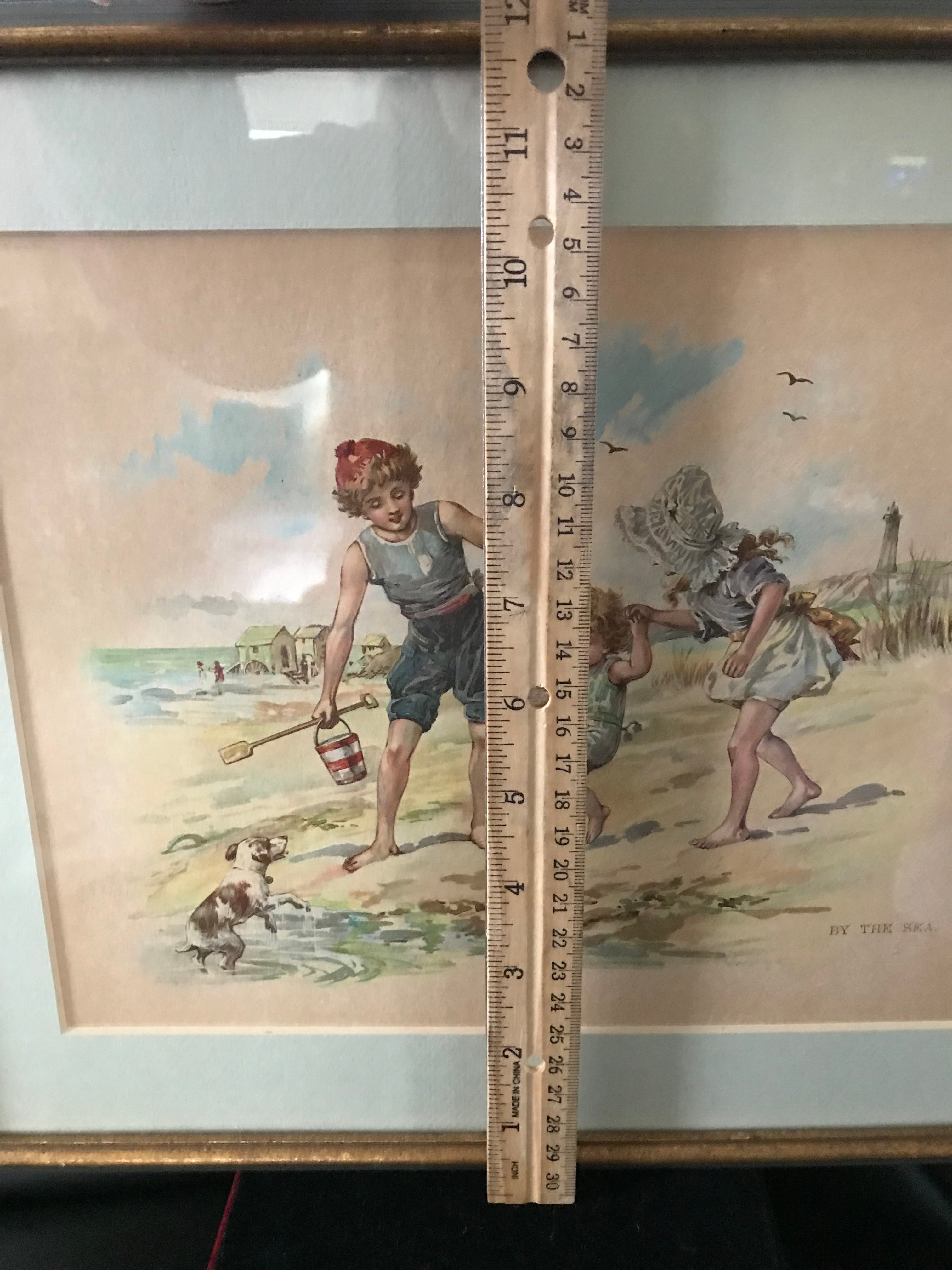 Victorian Lithograph Artwork: "By The Sea" - Children at Play